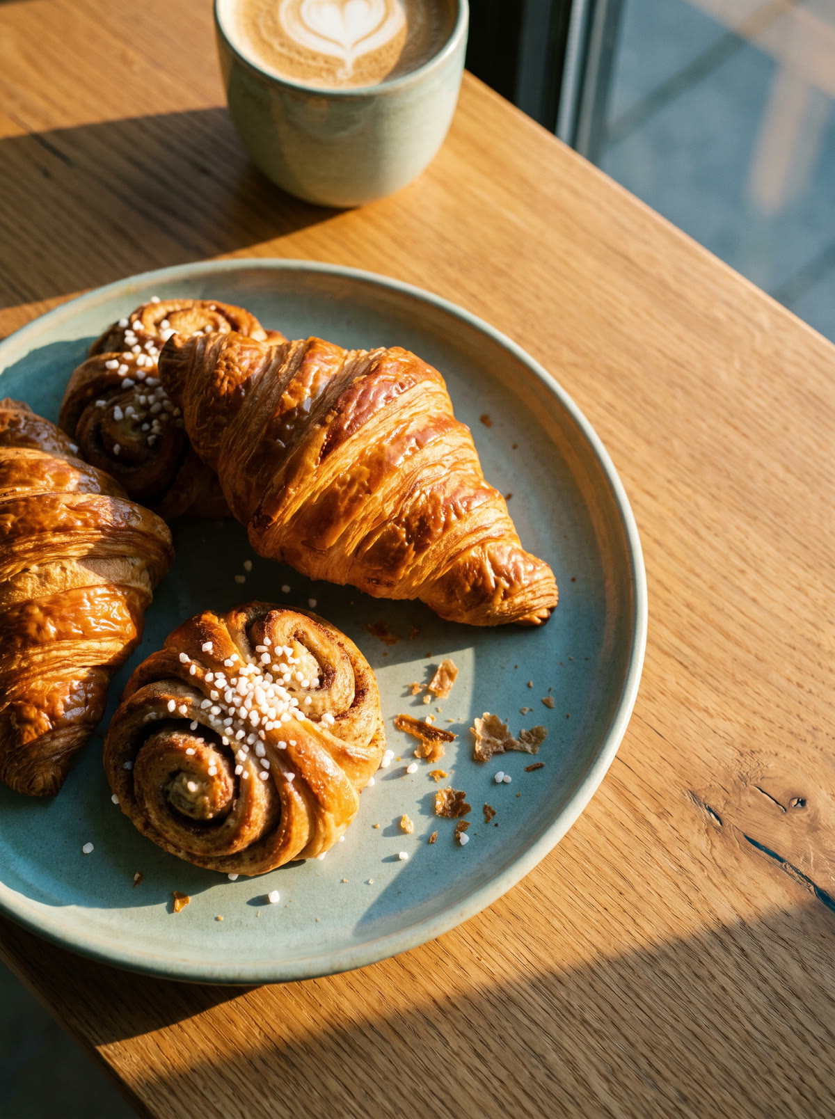 Butter croissants and cardamom buns on a stoneware plate by the window, with a latte