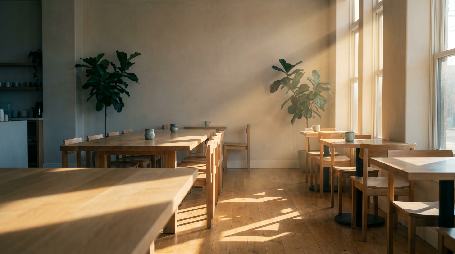 The Linger room in early light: oak tables, chairs with backs, and tall windows